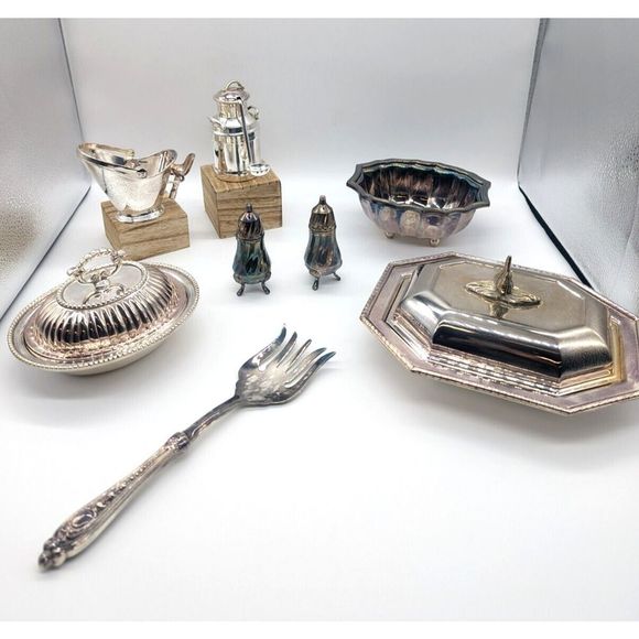 Vintage 7 pc Neiman Marcus Silver-Plated Serving Set in Green Velvet Box - Picture 2 of 16